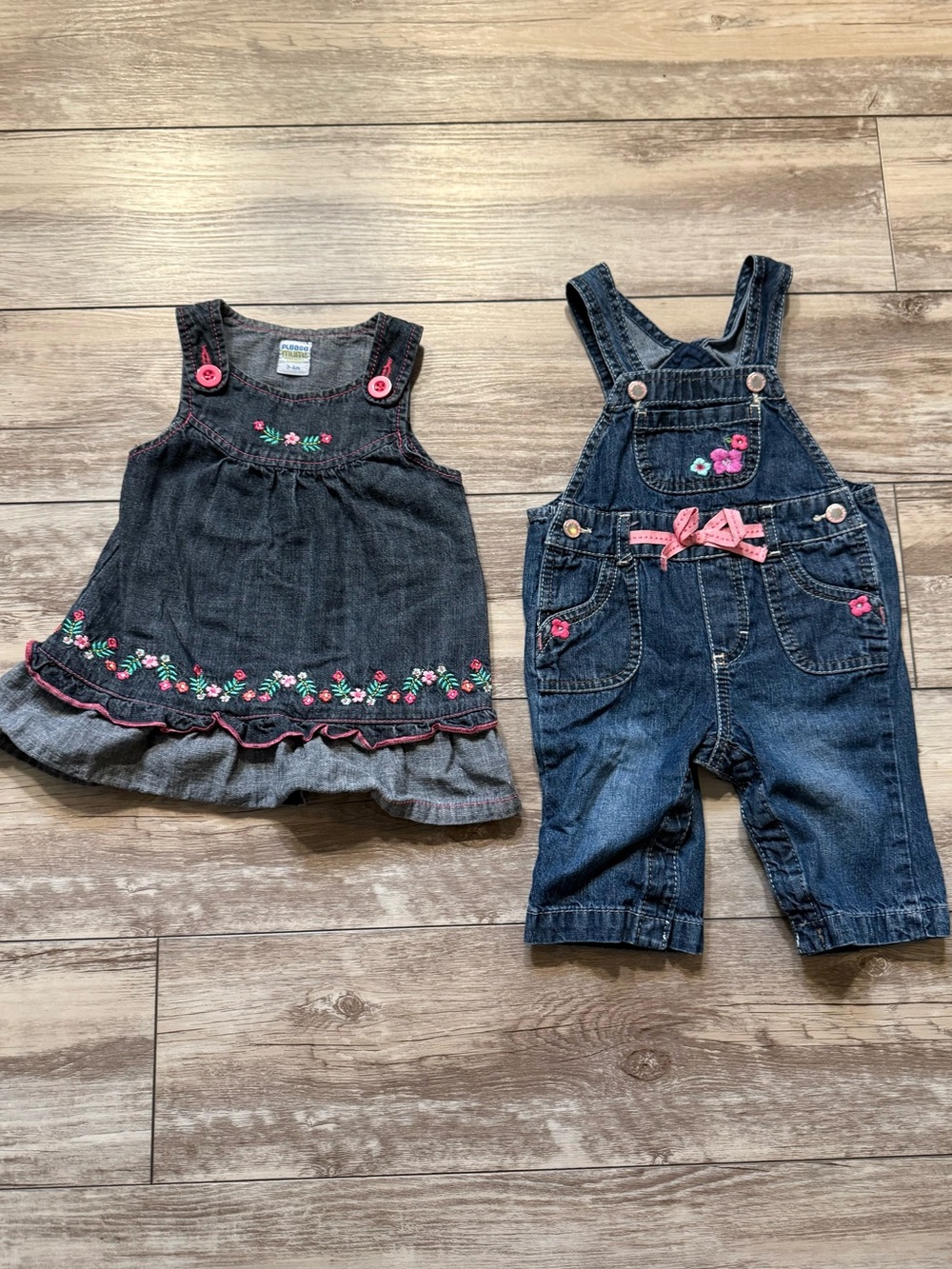 Baby Girl Denim Dress & Overalls Set with Pink Floral Embroidery 3-6 months